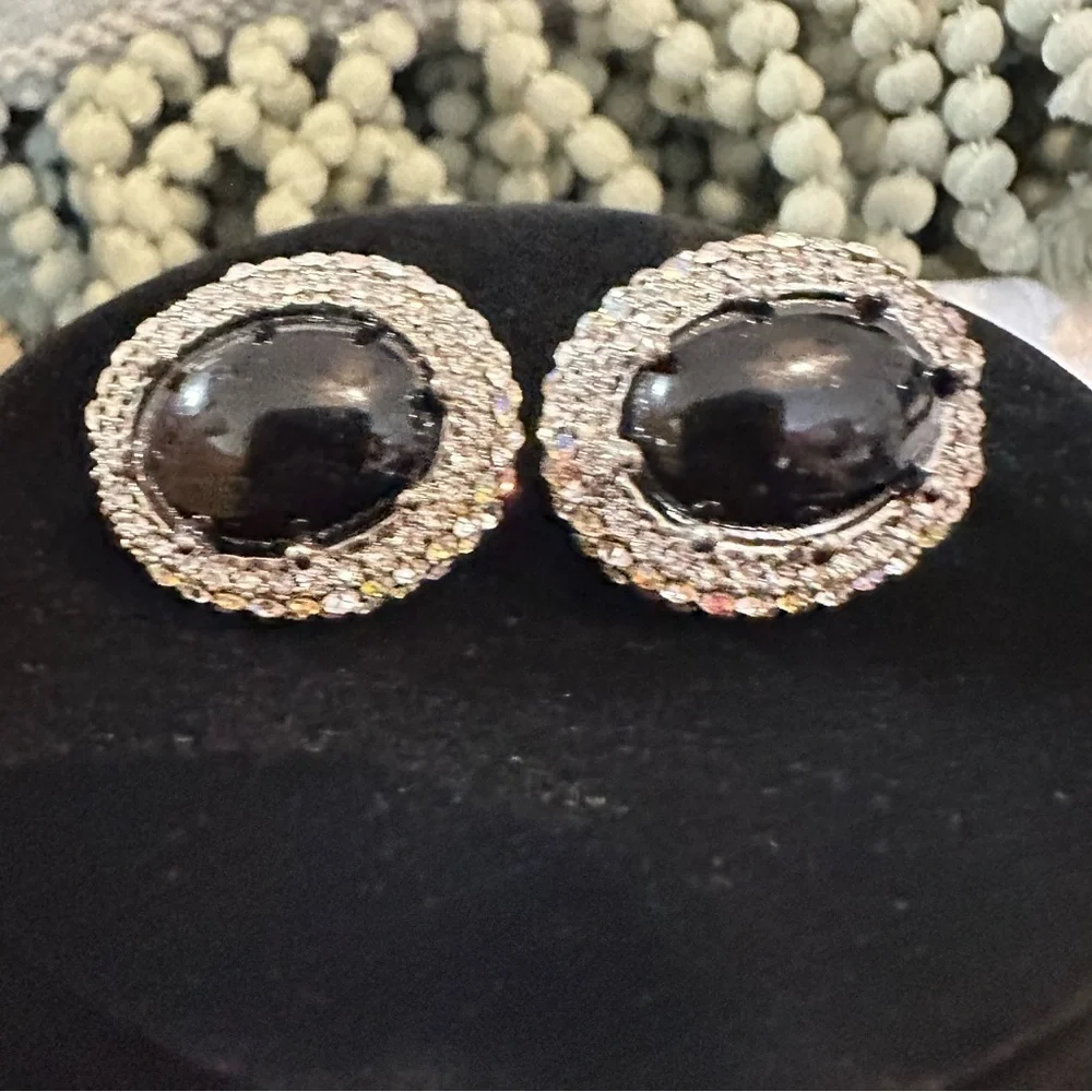 Vintage-Inspired Black and Silver Oval Earrings Rhinestone Lever Back Statement